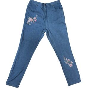 CW Classics Women's Embroidered Jeans Size LG Floral Straight Leg Elastic Back